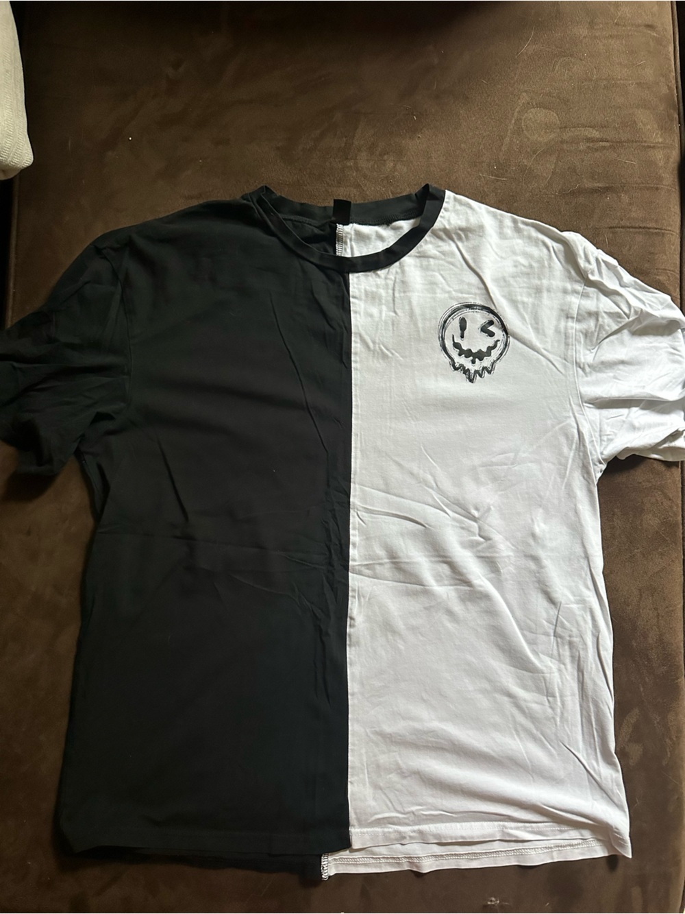 SHEIN Black and White Half-and-Half Short Sleeve T-Shirt with Smiley Graphic